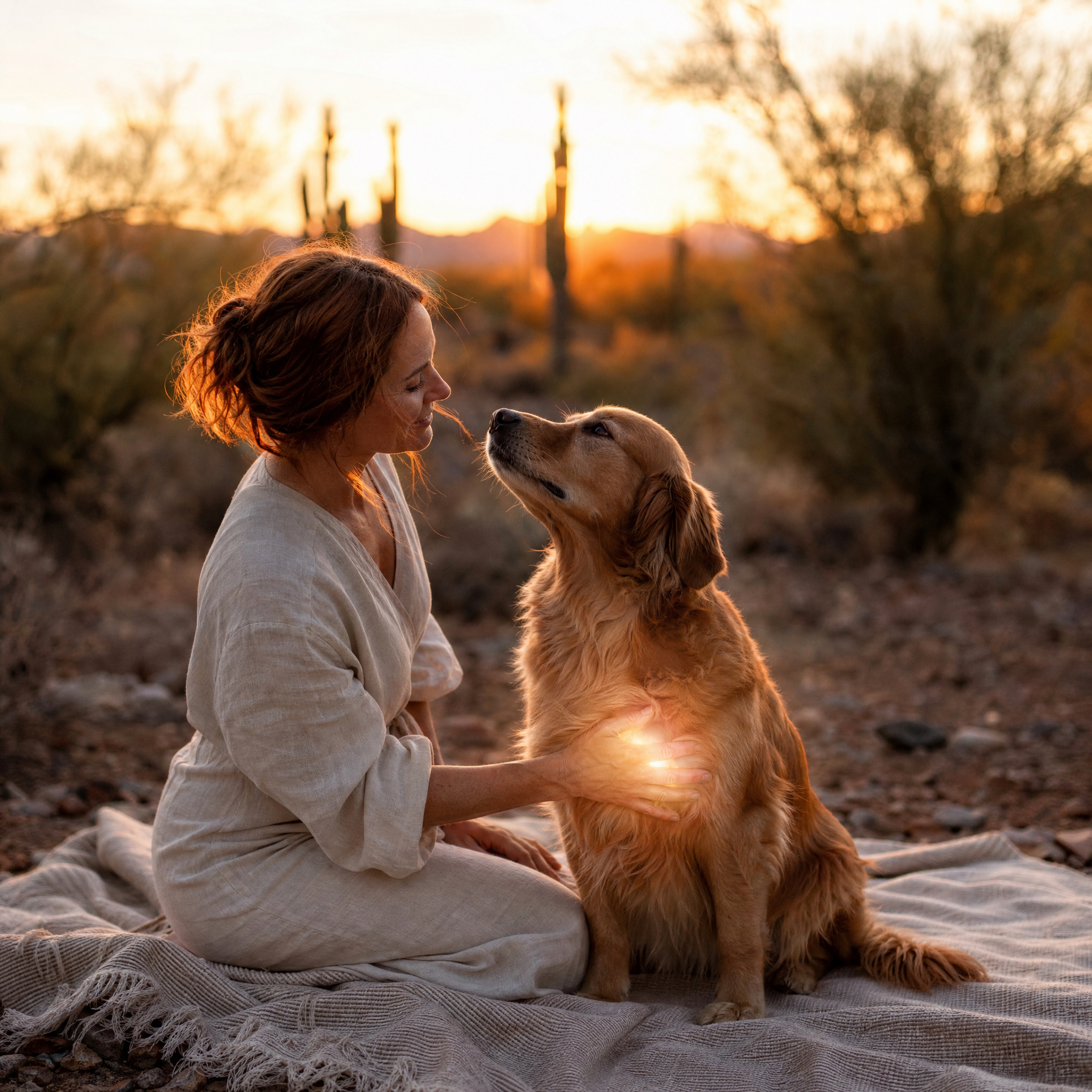 A woman and her golden retriever sharing a soulful moment at sunset