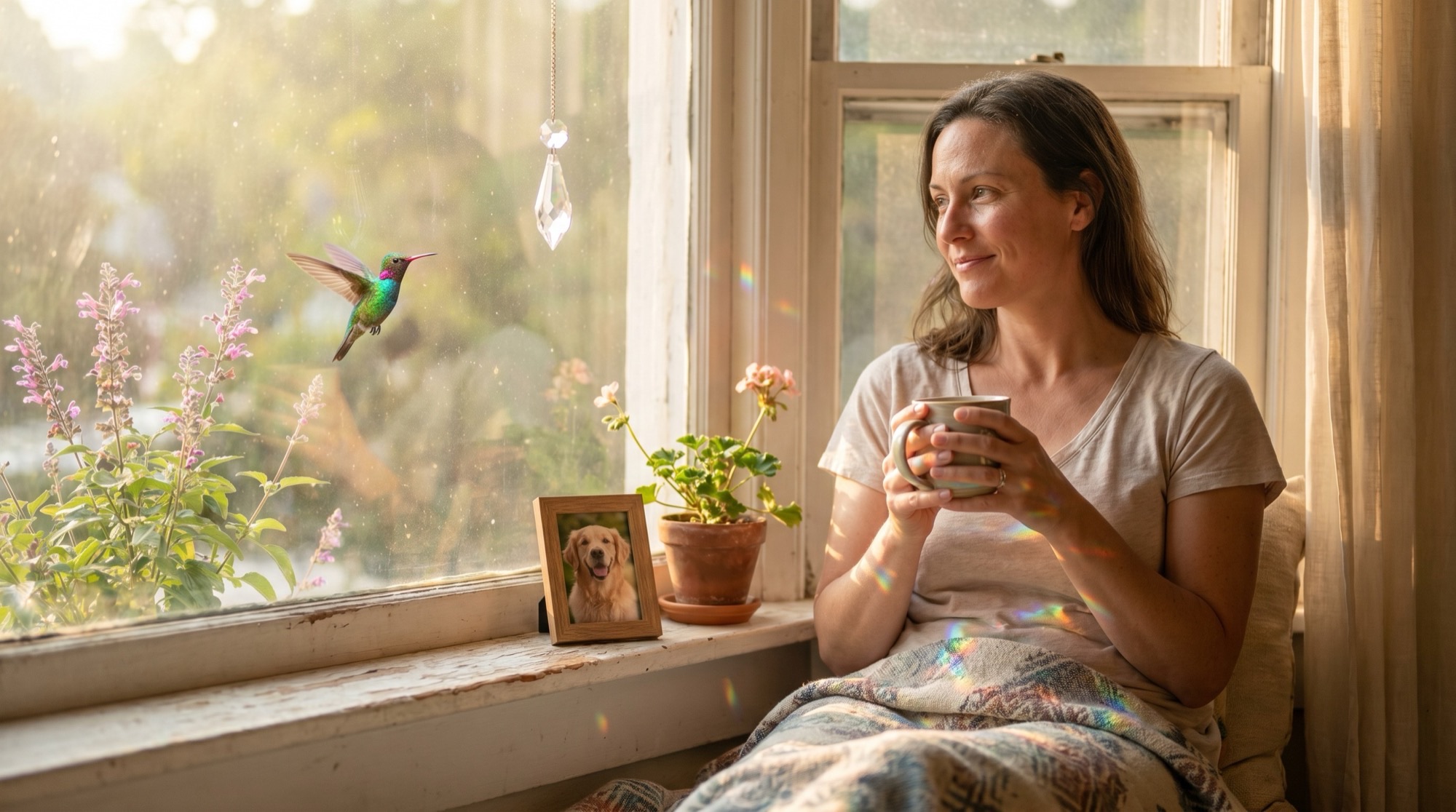 Woman by window with hummingbird and rainbow prism light - Finding signs from your pet in spirit
