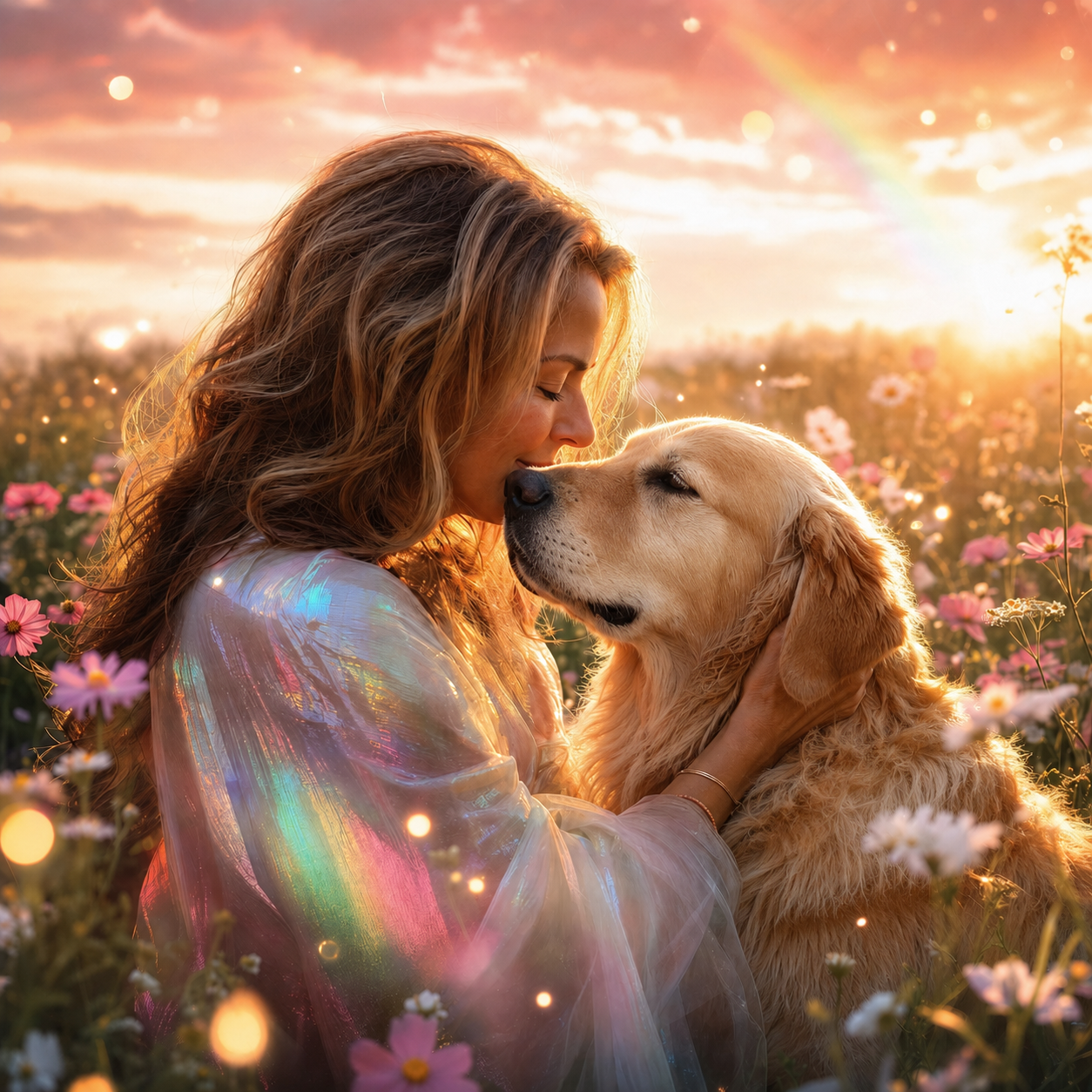 A woman feeling her pet's presence in a magical twilight meadow