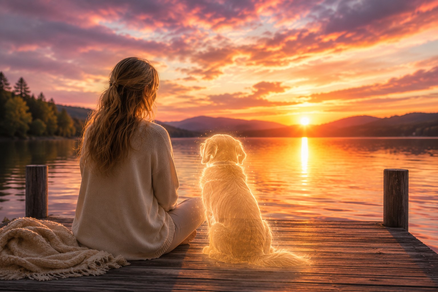Pet parent sitting with their dog's spirit at sunset on a lakeside dock